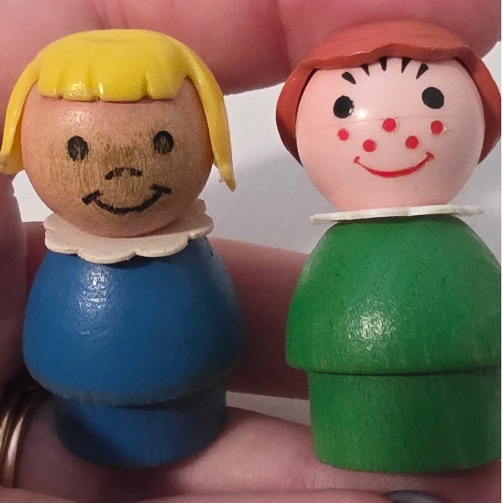 Fisher Price Little People Figures 2pc Blue Green Fair Vintage Wooden Body